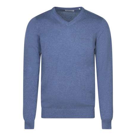 Pull en coton bleu uni coupe ajustée avec un logo en relief sur la poitrine