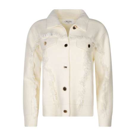 Gilet écru uni à coupe droite avec un col à rabats et des manches longues