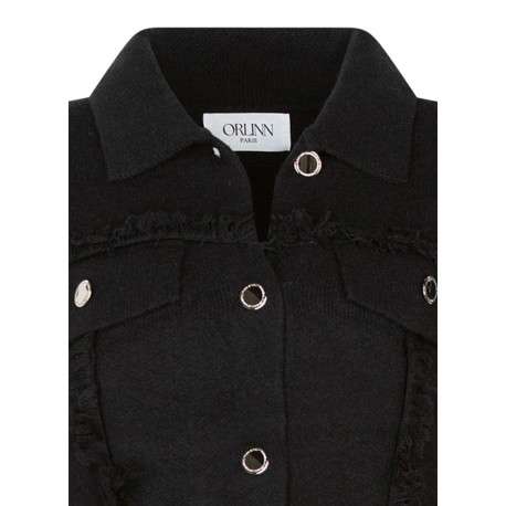 Gilet noir uni à coupe droite avec un col à rabats et des manches longues - Image 3