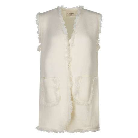 Gilet écru uni à coupe droite avec un col v et fermeture à crochet