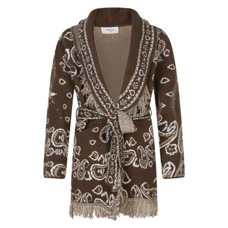 Gilet chocolat motifs cachemire avec une coupe droite et un col V à revers