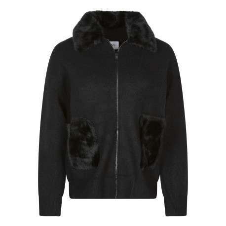Gilet noir uni avec un zip et un col à rabats en fourrure synthétique