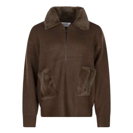 Gilet chocolat uni avec un zip et un col à rabats en fourrure synthétique
