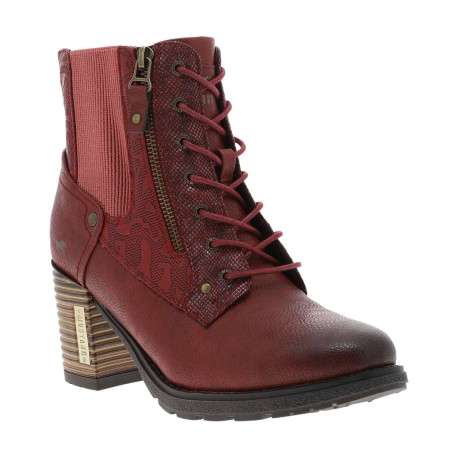 Bottines bordeaux à talon décroché haut avec un zip et des lacets ronds - Image 3
