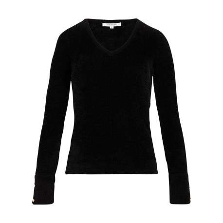 Pull noir effet duveteux pourvu d'un col v et de manches longues