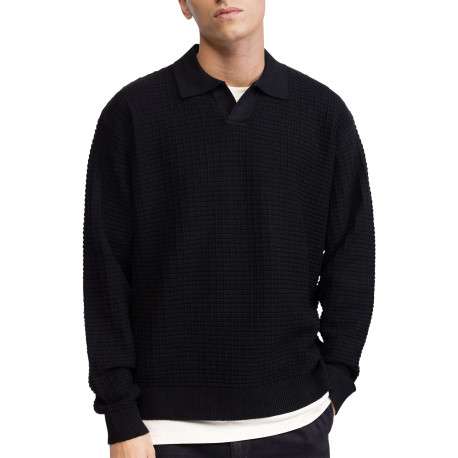 Pull en coton mélangé noir en maille effet gaufrée avec un col v à revers
