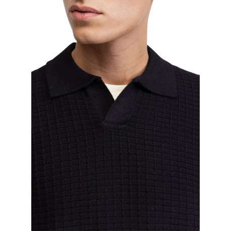 Pull en coton mélangé noir en maille effet gaufrée avec un col v à revers - Image 3