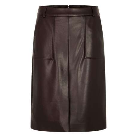 Jupe marron en simili cuir fendue à l'avant et pourvue de poches