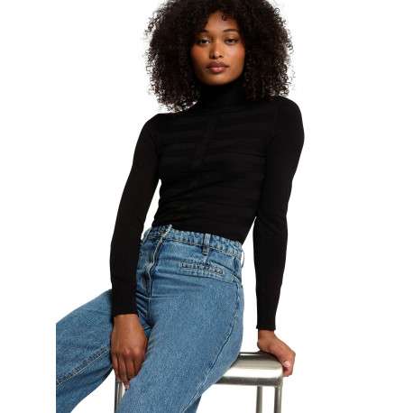 Pull noir pourvu d'un col roulé côtelé et de manches longues - Image 2
