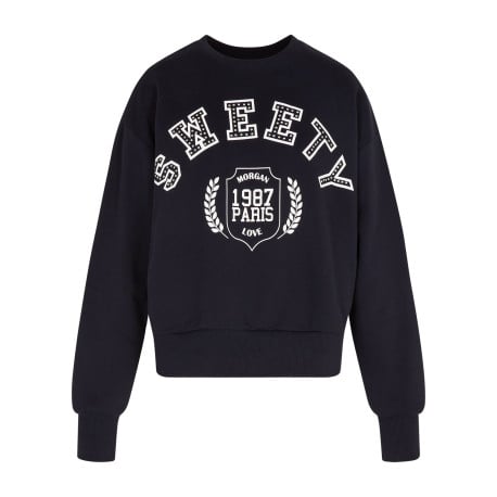 Sweat marine imprimé pourvu d'un col rond et de manches longues