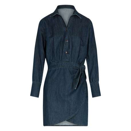 Robe courte en coton bleue pourvue d'un col à revers et de manches longues