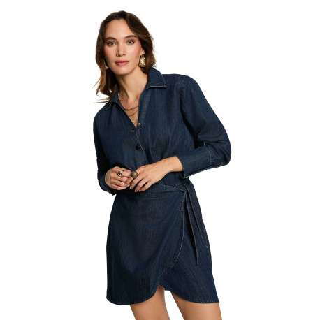 Robe courte en coton bleue pourvue d'un col à revers et de manches longues - Image 2