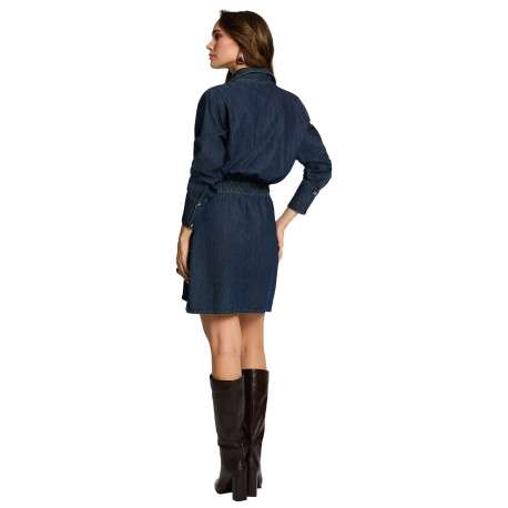 Robe courte en coton bleue pourvue d'un col à revers et de manches longues - Image 3