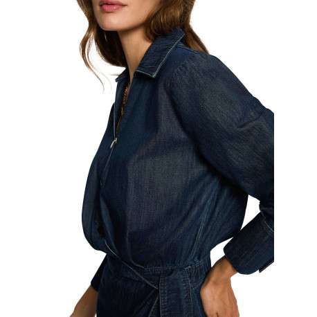 Robe courte en coton bleue pourvue d'un col à revers et de manches longues - Image 4