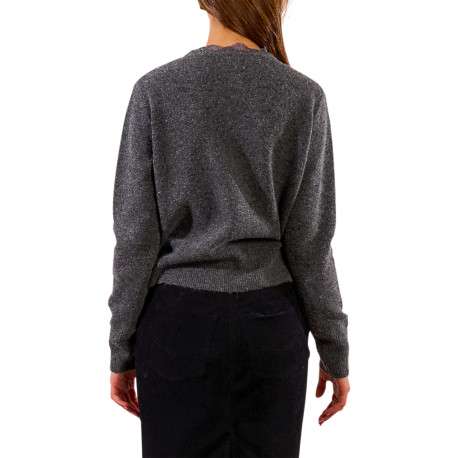 Gilet anthracite en maille fine avec un col v en dentelle et des manches longues - Image 2