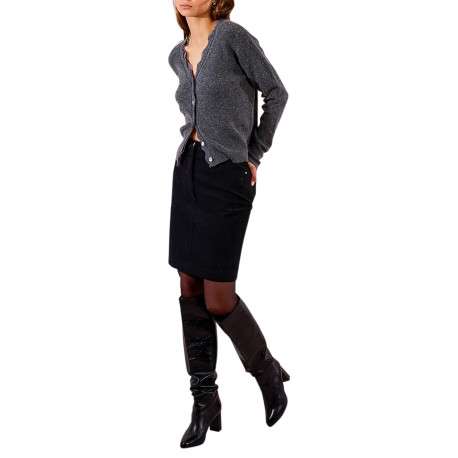 Gilet anthracite en maille fine avec un col v en dentelle et des manches longues - Image 3