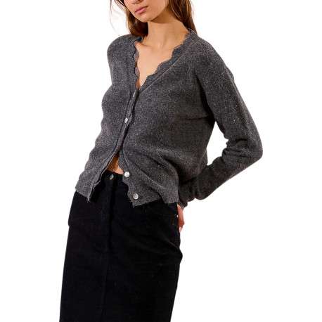 Gilet anthracite en maille fine avec un col v en dentelle et des manches longues - Image 4