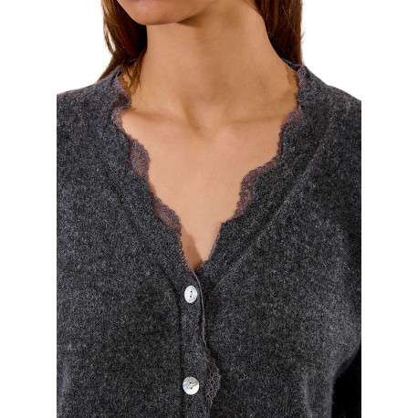 Gilet anthracite en maille fine avec un col v en dentelle et des manches longues - Image 5