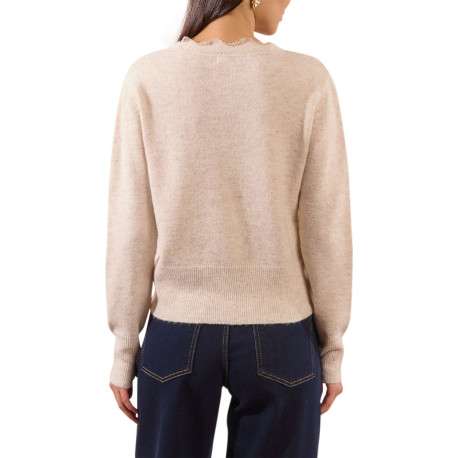 Gilet beige en maille fine avec un col v en dentelle et des manches longues - Image 2