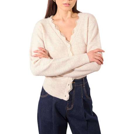 Gilet beige en maille fine avec un col v en dentelle et des manches longues - Image 4