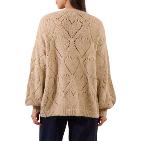 Gilet beige en maille tricotée ajourée avec une coupe droite et un col v - Image 2