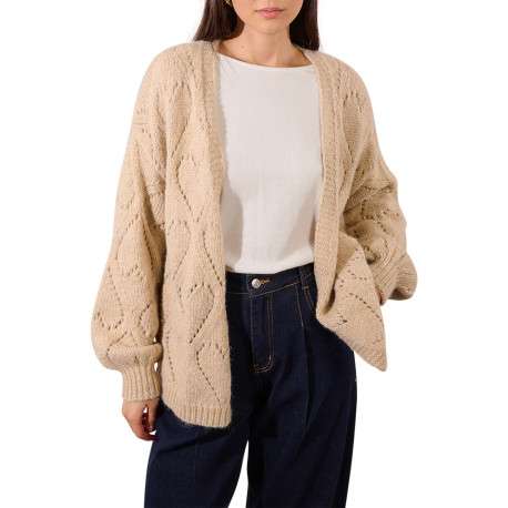 Gilet beige en maille tricotée ajourée avec une coupe droite et un col v - Image 3