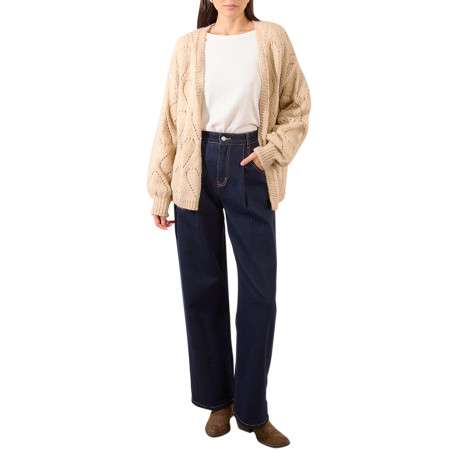 Gilet beige en maille tricotée ajourée avec une coupe droite et un col v - Image 4