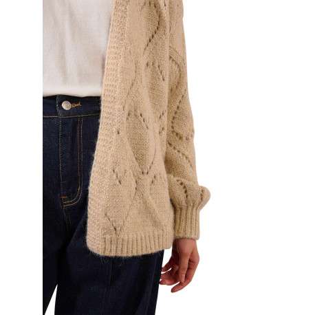 Gilet beige en maille tricotée ajourée avec une coupe droite et un col v - Image 5
