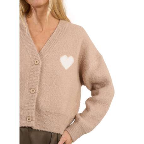 Gilet beige en maille tricotée avec un cœur imprimé et un col v - Image 3