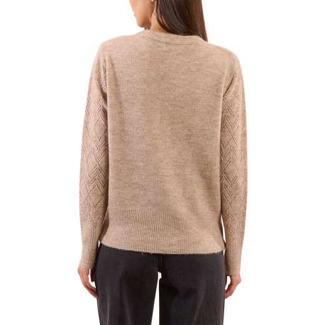 Gilet beige en maille ajourée avec une coupe droite et un col v - Image 2