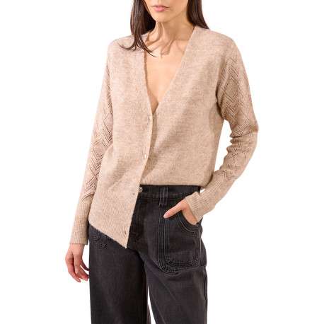 Gilet beige en maille ajourée avec une coupe droite et un col v - Image 3