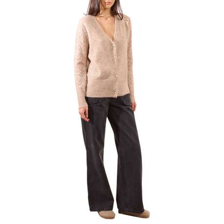 Gilet beige en maille ajourée avec une coupe droite et un col v - Image 4