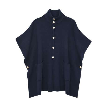Poncho marine en maille fine avec des boutons dorés et 2 poches plaquées