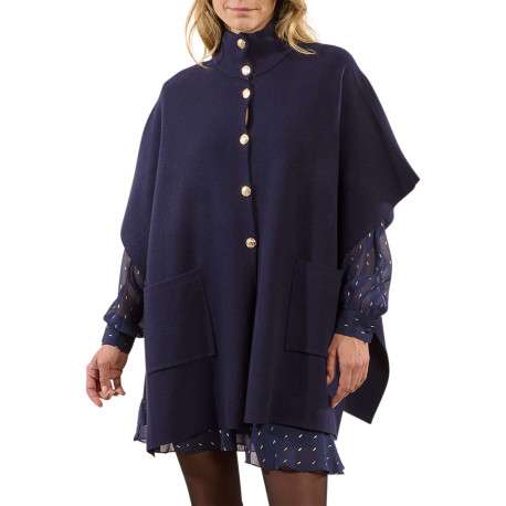 Poncho marine en maille fine avec des boutons dorés et 2 poches plaquées - Image 3