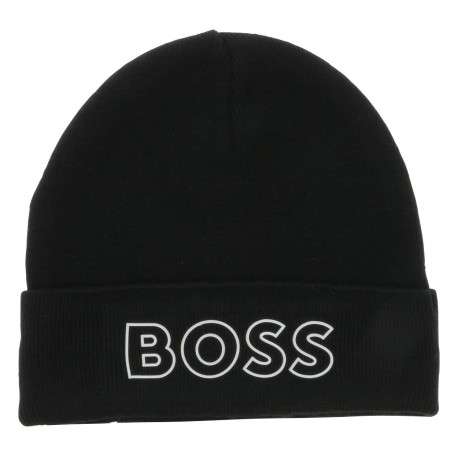 Bonnet noir uni en maille fine avec logo en relief sur le revers