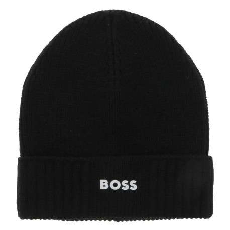 Bonnet noir uni en maille côtelée avec logo brodé sur le revers
