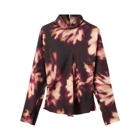 Blouse bordeaux ornée d'un motif floral abstrait et pourvue d'un col rond
