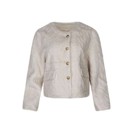 Gilet écru uni à coupe droite avec un col rond et des boutons dorés