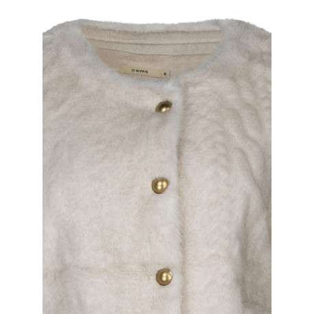 Gilet écru uni à coupe droite avec un col rond et des boutons dorés - Image 3