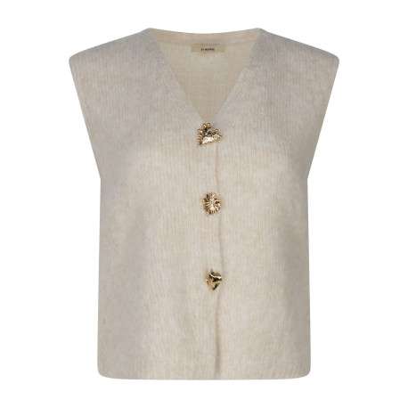 Gilet beige uni à coupe droite avec un col v et des boutons métalliques dorés