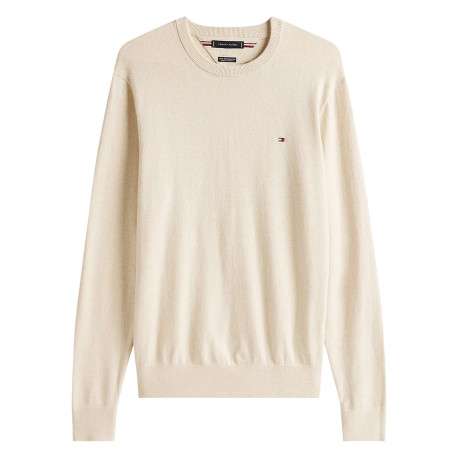 Pull en coton beige uni en maille fine avec une coupe droite et un col rond