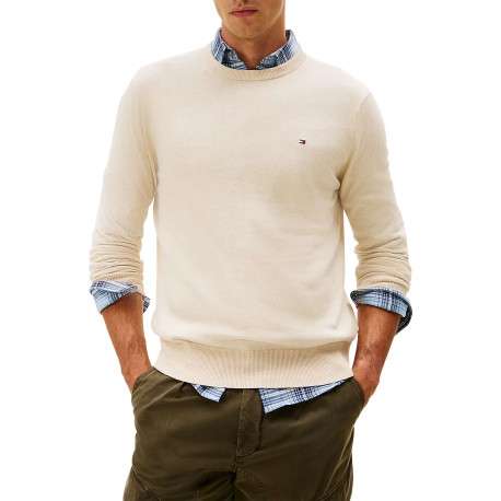 Pull en coton beige uni en maille fine avec une coupe droite et un col rond - Image 2