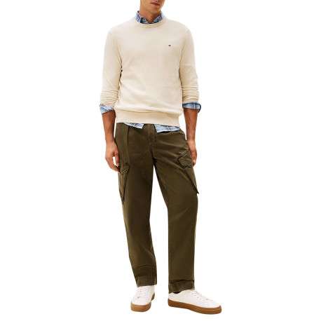 Pull en coton beige uni en maille fine avec une coupe droite et un col rond - Image 3