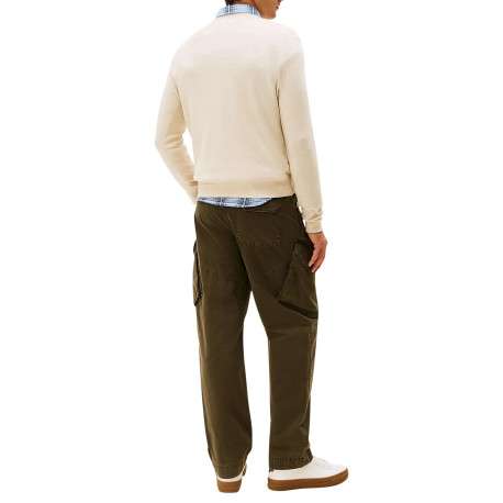 Pull en coton beige uni en maille fine avec une coupe droite et un col rond - Image 4
