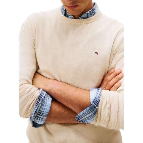 Pull en coton beige uni en maille fine avec une coupe droite et un col rond - Image 5