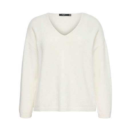 Pull écru uni à coupe droite avec un col V et des manches longues