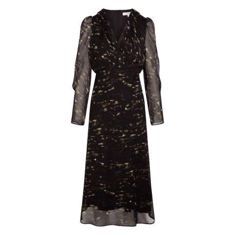 Robe longue noire mouchetée pourvue d'un col cache-coeur et de manches longues