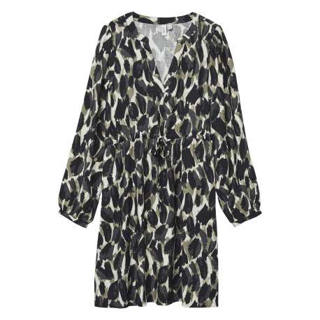 Robe courte blanche, noire et kaki avec une coupe fluide et un col V