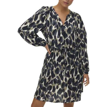 Robe courte blanche, noire et kaki avec une coupe fluide et un col V - Image 2