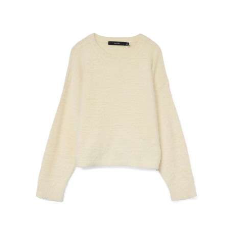 Pull écru uni à coupe droite avec un col rond et des manches longues